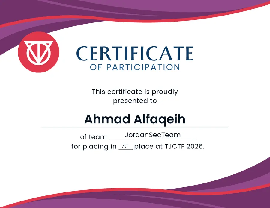 TJCTF 2026 seventh-place certificate